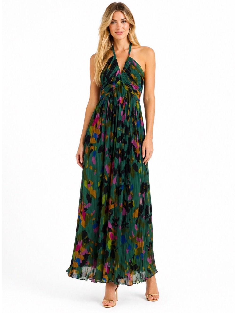 Sincerely Jules NWT Green Floral V-Neck Pleated Multicolor Maxi Dress Medium